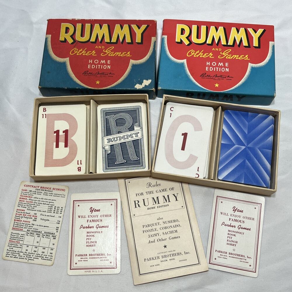 Vintage Parker Brothers RUMMY and Other Games 1942 COMPLETE instructions 2 Sets